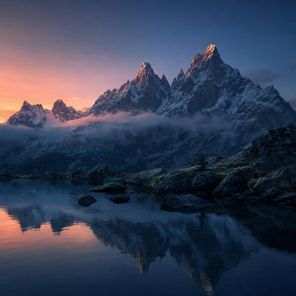 Mountain peaks and their reflection in a lake at dusk